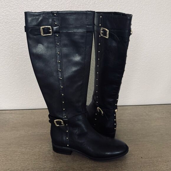 Vince Camuto Black Leather Gold Studded Riding Boots 6 - Picture 8 of 13